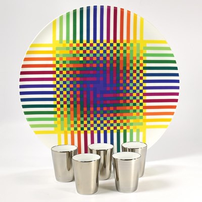 Round platter + 5 platinum cups Surface colorée B29