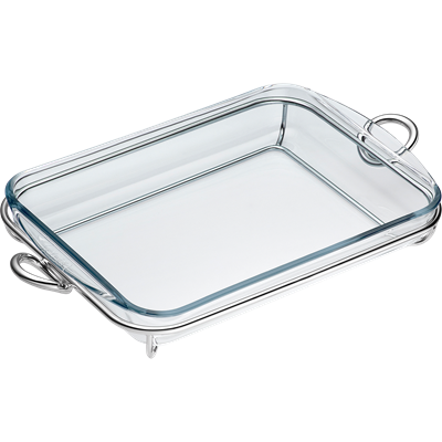 Plat à gratin rectangulaire en verre et métal argenté