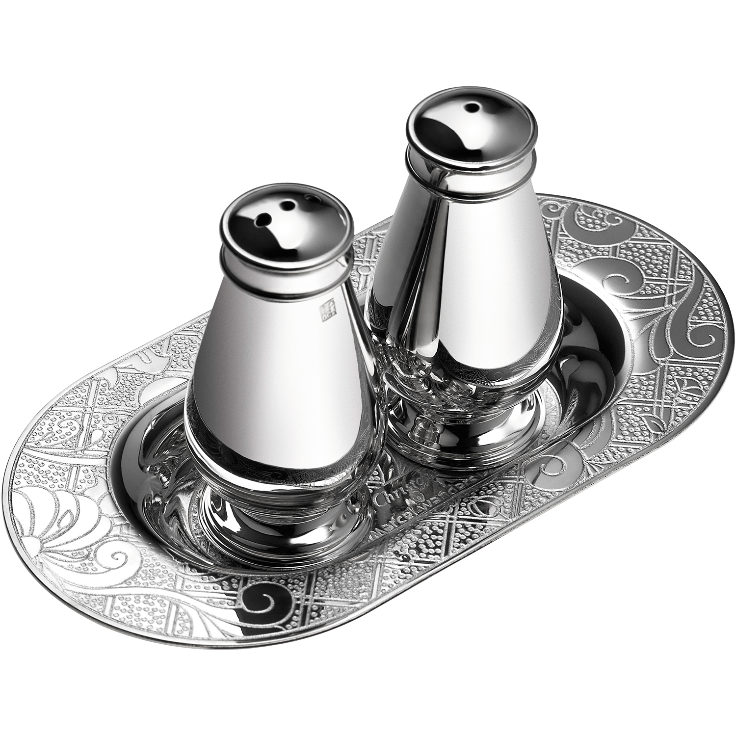 Silver-Plated salt & pepper shakers with tray