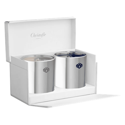 Coffret de 2 bougies miel et lune d’argent en verre métallisé avec abeille en métal palladié