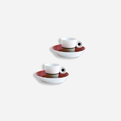 Set of 2 espresso cups and saucers brick red and lichen